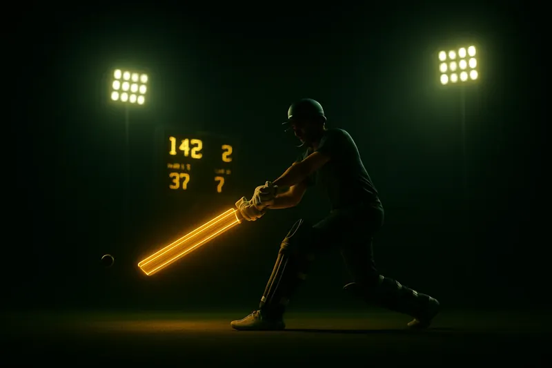 Dynamic Cricket Action Cricket athlete in motion with neon speed trail in dramatic stadium