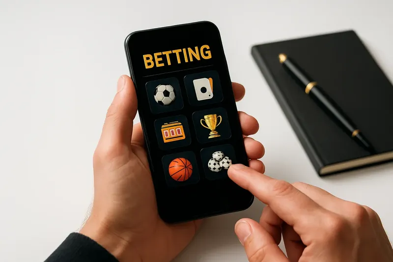 Man's hands using phone with betting app on desk
