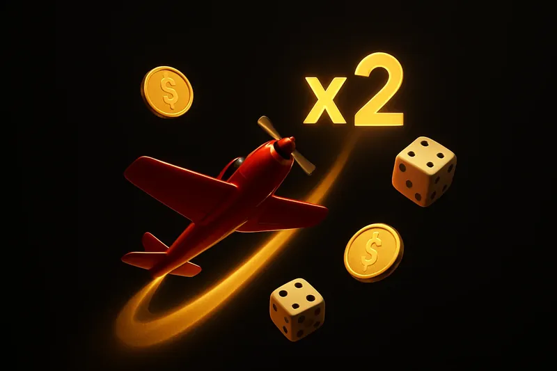 Aviator Crash Game Red airplane in crash game with coins, dice, and glowing multiplier trail