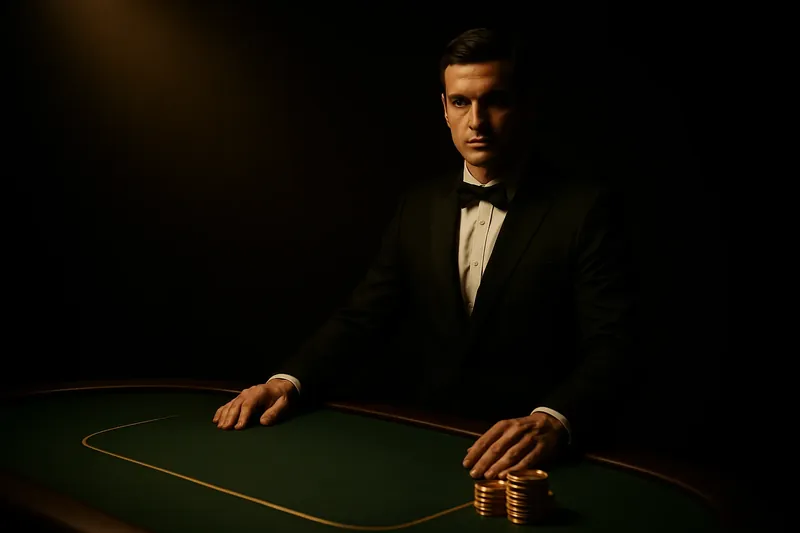 Elegant Live Casino Table Professional dealer at green felt live casino table with golden chips
